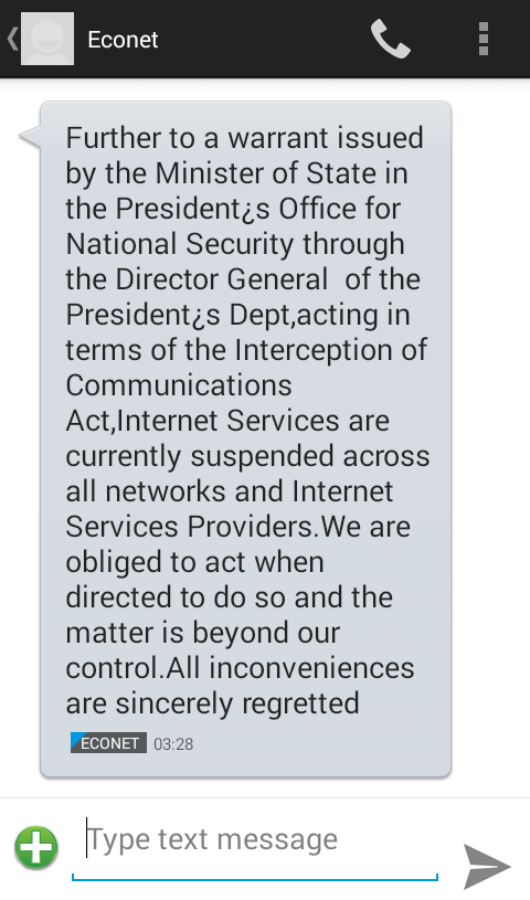 Further to a warrant issued by the Minister of state in the president's office for national security through the presdent's dept, acting in terms of the interception of communications act, internet services are currently suspended across all networks and internet service providers