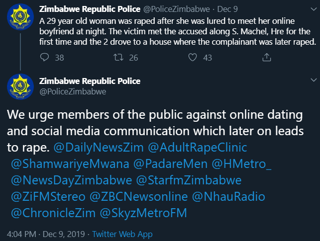 Zimbabwe republic police urges members of the public againdt online dating and social media communications