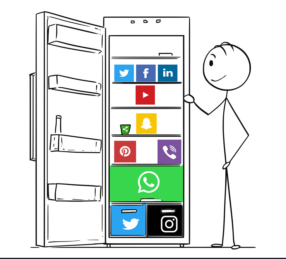 Stick man looking into fridge filled with social media icons