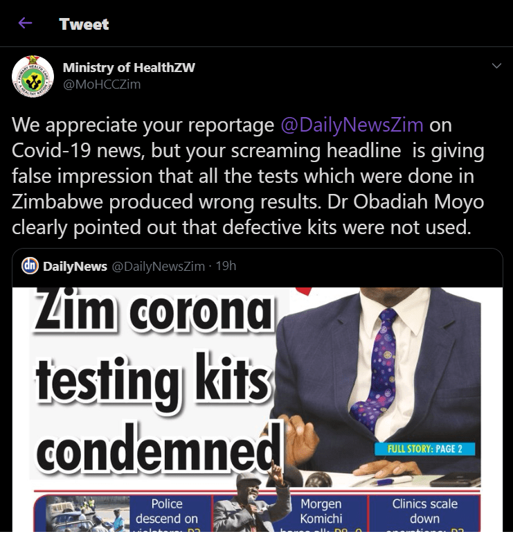 zim corona testing kits condemned