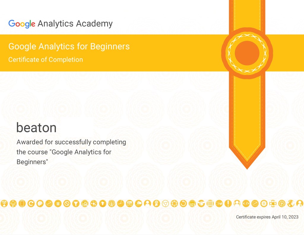 Beaton succesfully completed Google Analytics For Beginners