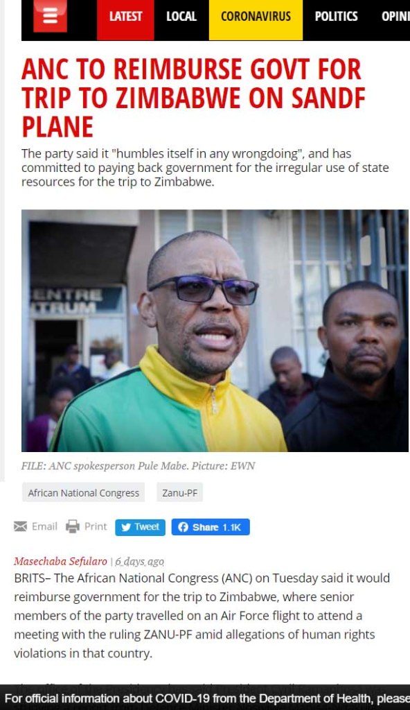 ANC TO REIMBURSE GOVT FOR TRIP TO ZIMBABWE ON SANDF PLANE