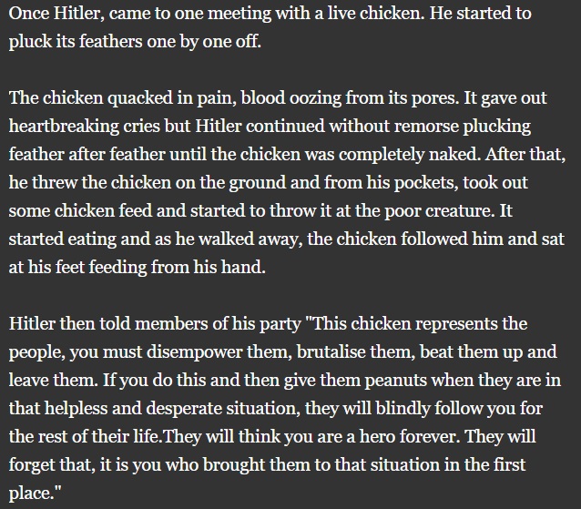 Hitler plucking a live chickenn