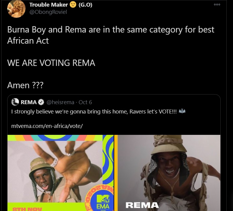 Voting for Rema and not Burna boy