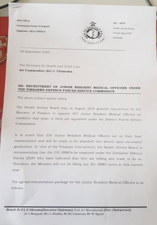 recruitment of junior resident medical officers under the zimbabwe defence forces service commission