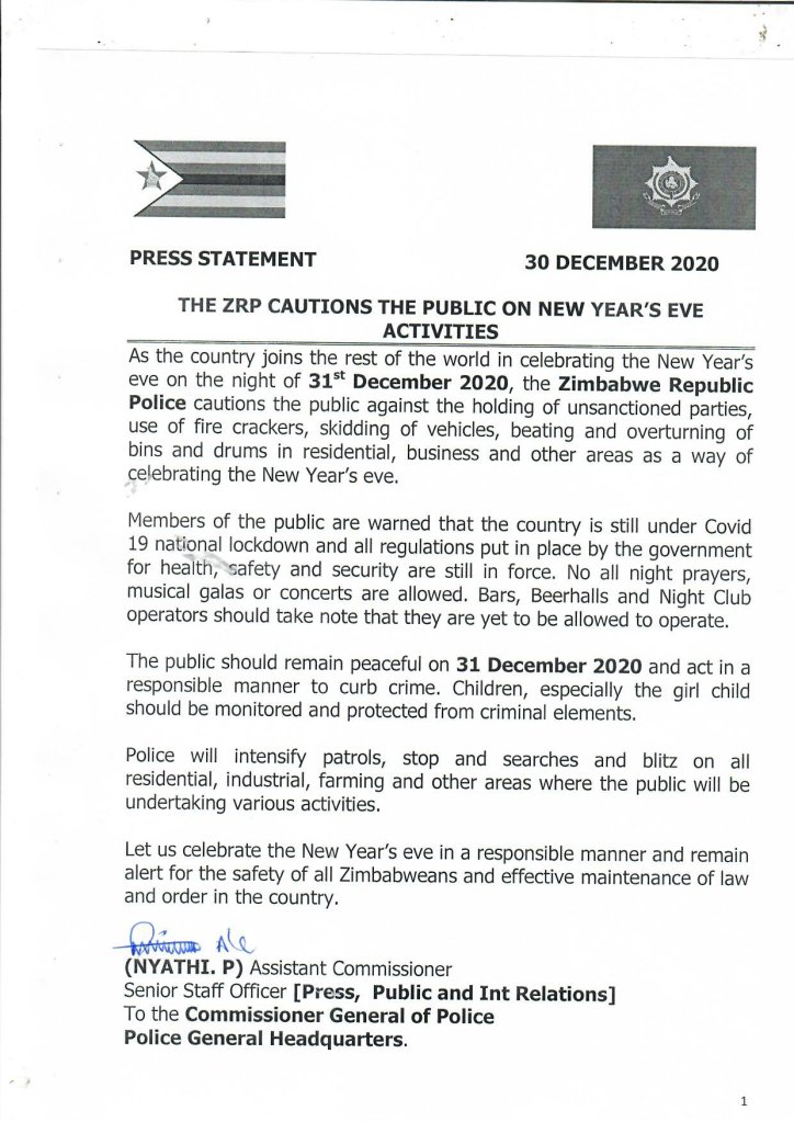 caution on New Year activities in Zimbabwe due to covid
