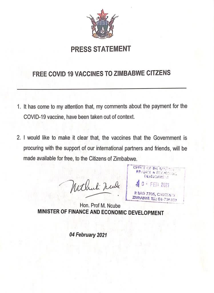 Free covid 19 vaccine to Zimbabwe  citizens