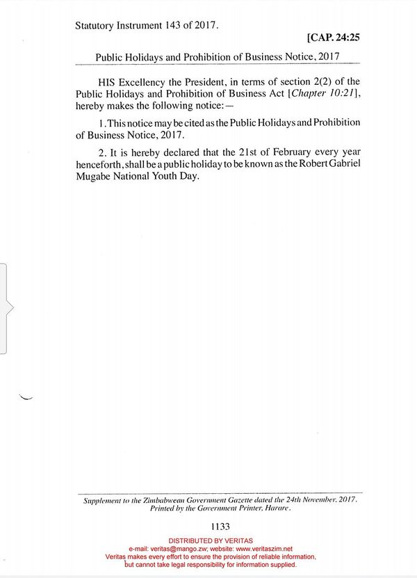 21 February Robert Gabriel Mugabe National Youth Day