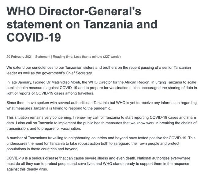 WHO Statement on Tanzania