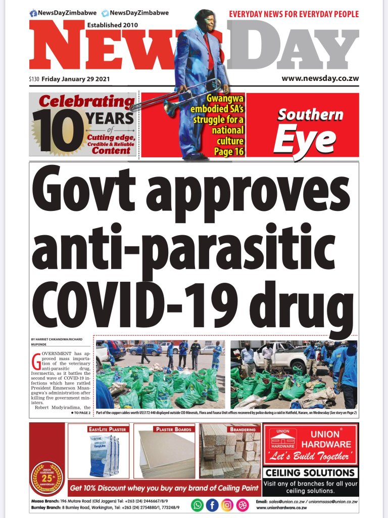 Zimbabwe government approves use of veterinary anti-parasitic drug ivermectin for use against COVID-19.
