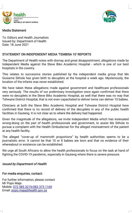 Statement on Independent Media Tembisa 10 Reports
