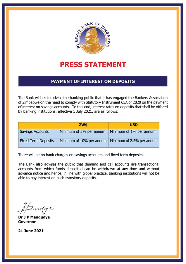 RBZ statement on payment of interest on deposits