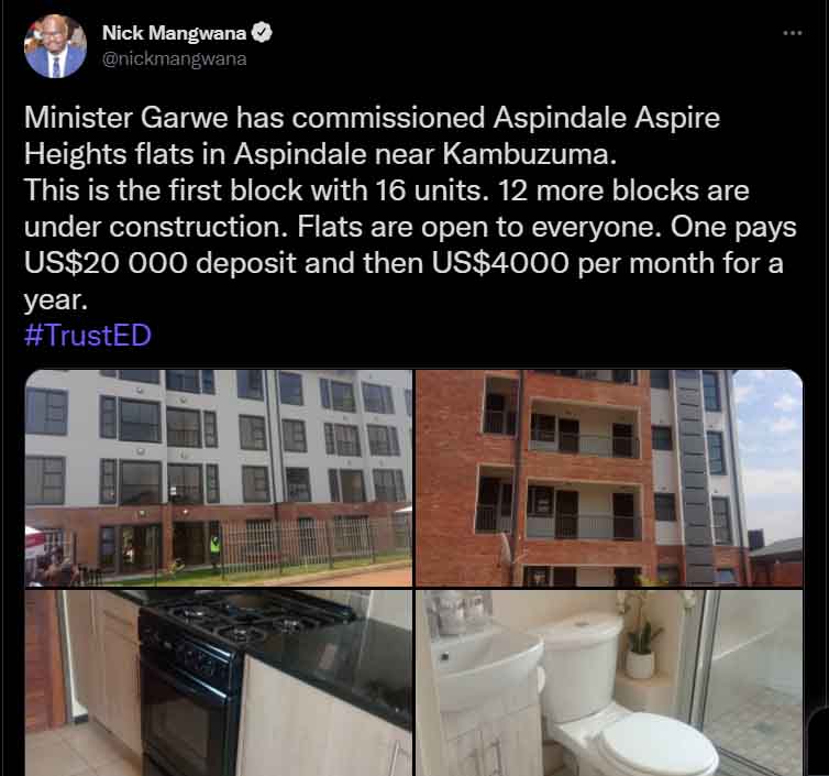 Minister Garwe has commissioned Aspindale Aspire Heights flats in Aspindale near Kambuzuma.
This is the first block with 16 units. 12 more blocks are under construction. Flats are open to everyone. One pays US$20 000 deposit and then US$4000 per month for a year.