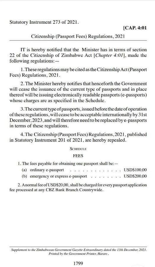 ZImbabwe Statutory Instrument 273 of 2021 on e-passports
