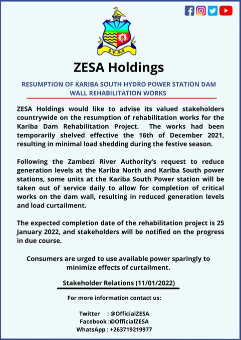 ZESA increases load shedding