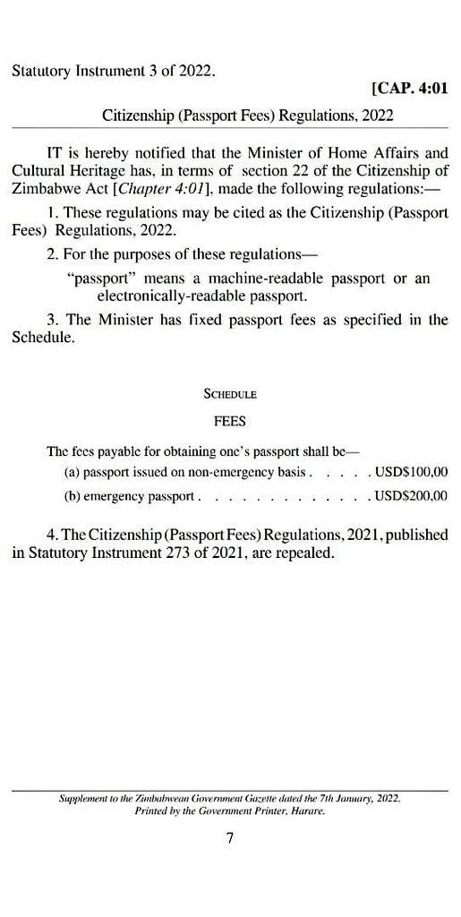 Passport Fees 
Statutory Instrument 273 of 2021 repealed