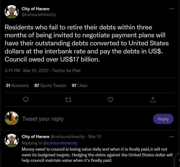Residents who fail to retire their debts within three months of being invited to negotiate payment plans will have their outstanding debts converted to United States dollars at the interbank rate and pay the debts in US$. Council owed over US$17 billion.