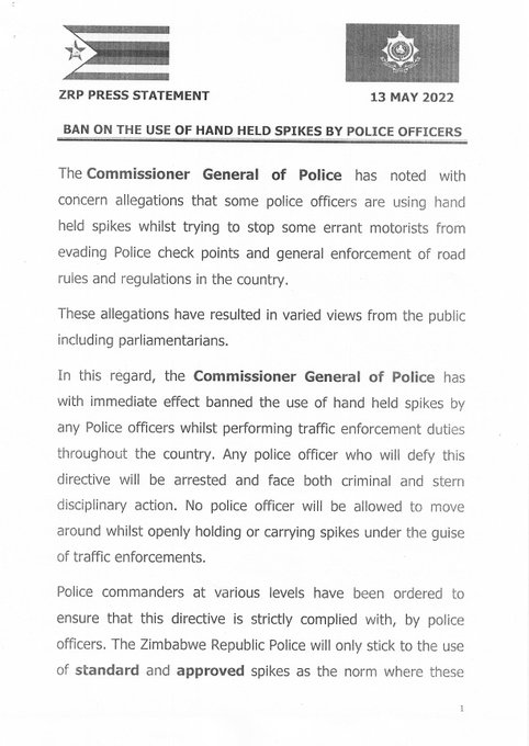 Ban in the use of hand held spikes by police
