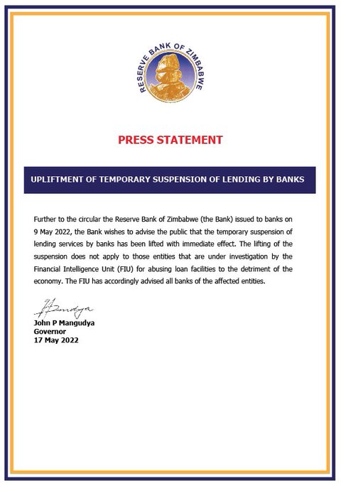 RBZ upliftment of ban of lending by banks
