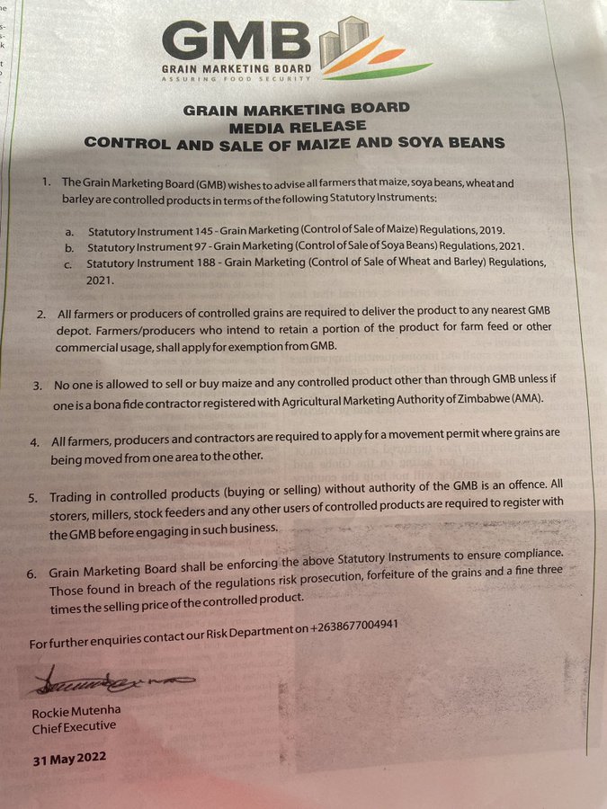 Control and sale of maize and soya beans GMB