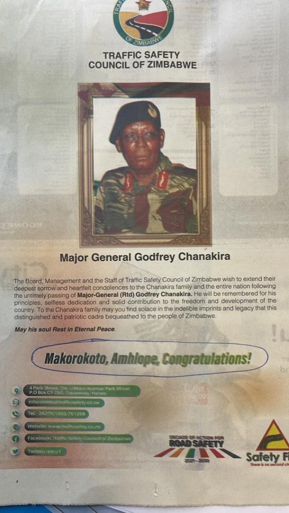 condolence message Major General Godfrey Chanakira