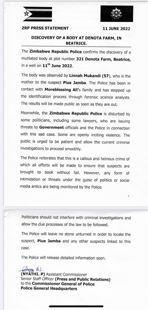 ZRP Press statement on Moreblessing Ali
