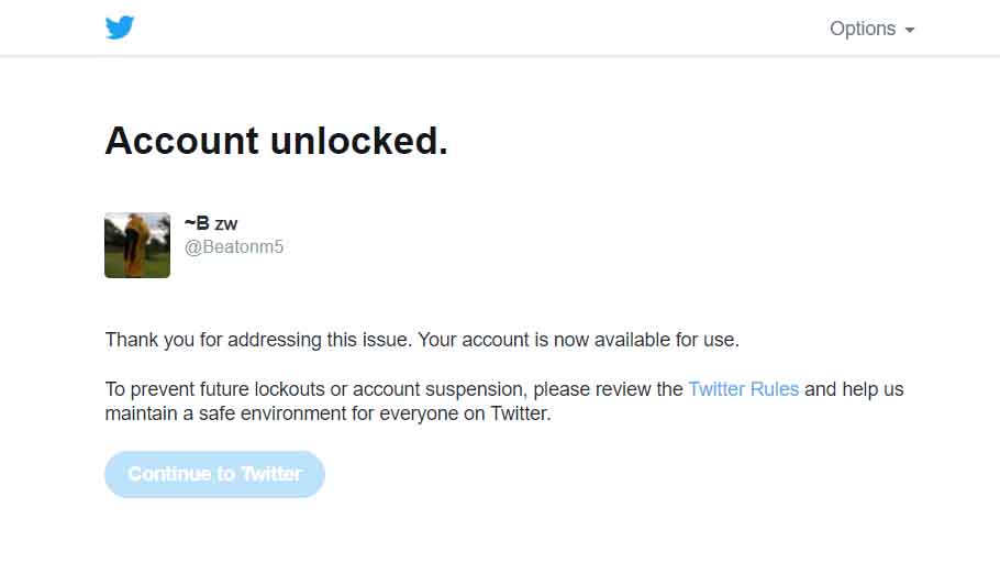 Twitter Account unlocked