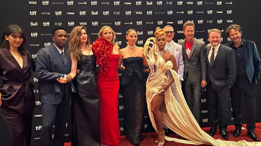 Cast of Glass Onion at the premiere at #TIFF22  Edward Norton, Janelle Monáe, Kathryn Hahn, Kate Hudson, Dave Bautista, Jessica Henwick, Leslie Odom Jr. and Madelyn Cline