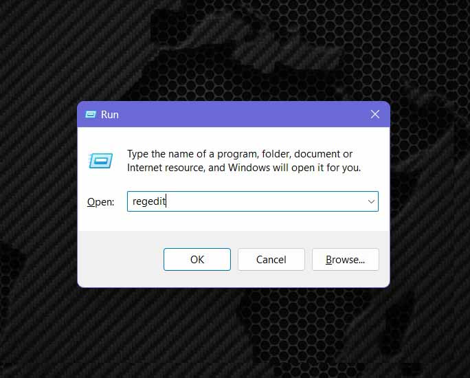 opening regedit from the  Run  dialogue window