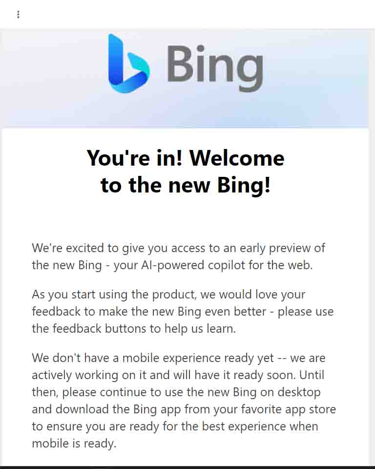 You are in welcome to the new Bing