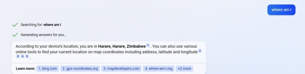 Bing answers the question where am I
