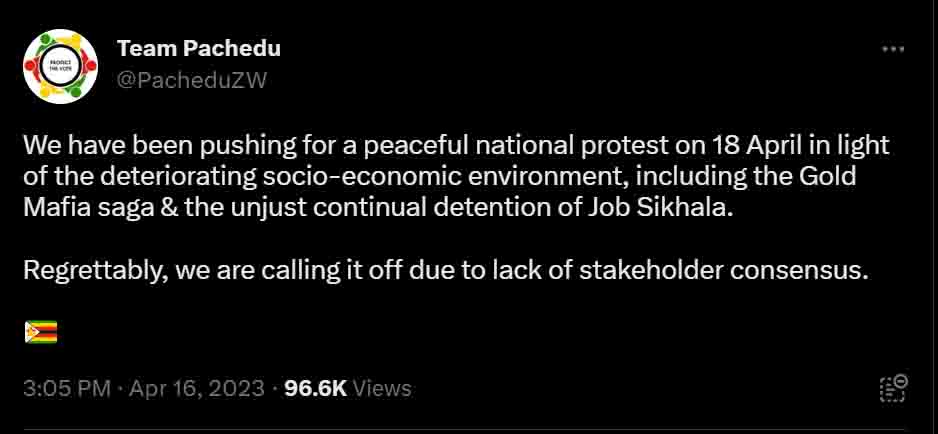 We have been pushing for a peaceful national protest on 18 April in light of the deteriorating socio-economic environment, including the Gold Mafia saga & the unjust continual detention of Job Sikhala.

Regrettably, we are calling it off due to lack of stakeholder consensus.