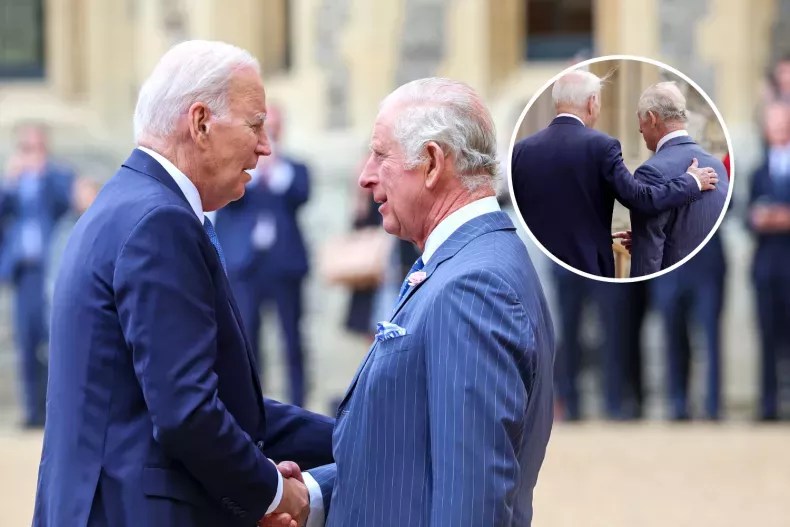 Joe Biden meeting King Charles III at Windsor Castle on July 10, 2023. The U.S. president was very tactile with the royal.