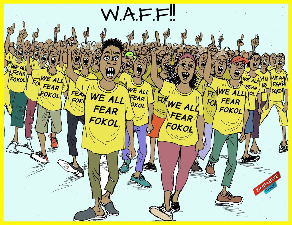 Cartoon, yellow clad crowd with tshipt written we fear fokol
