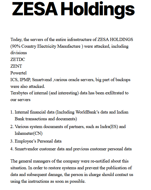 Zesa holding hacked by Everest Ransomeware Group