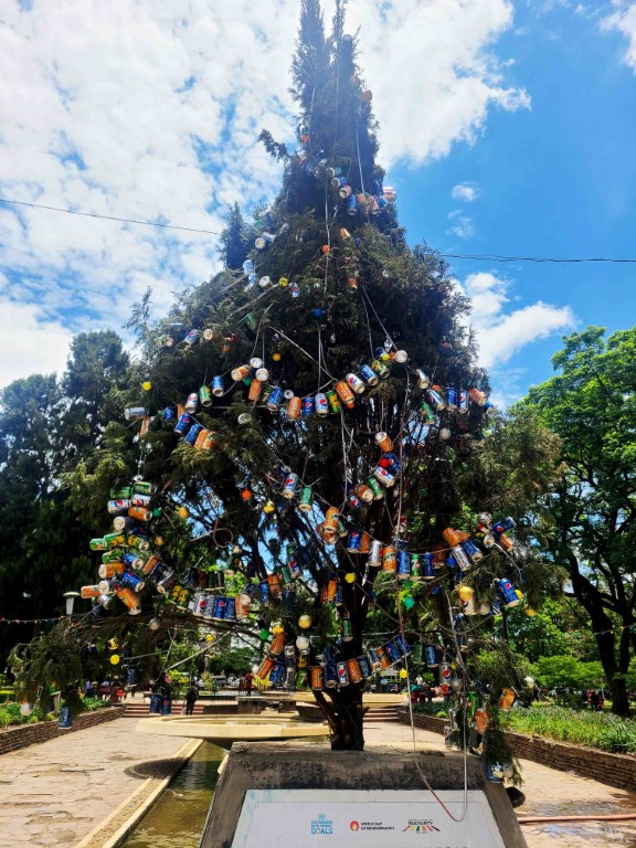 Africa Unity Christmas tree decorated with pepsi cans