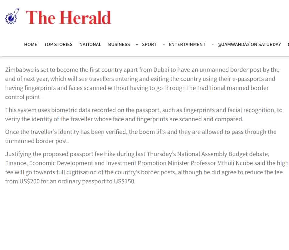 ZImbabwe set to become first country apart from Dubai to have unmanned border posts...