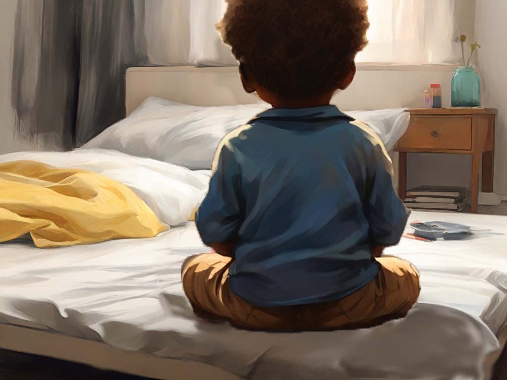 toddler sits precariously on the edge of the bed