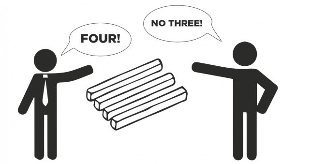 perspective two figures arguing about an impossible shape and how many sides it has