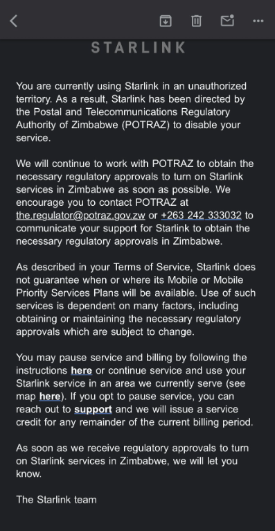 Starlink to be disabled in Zimbabwe 