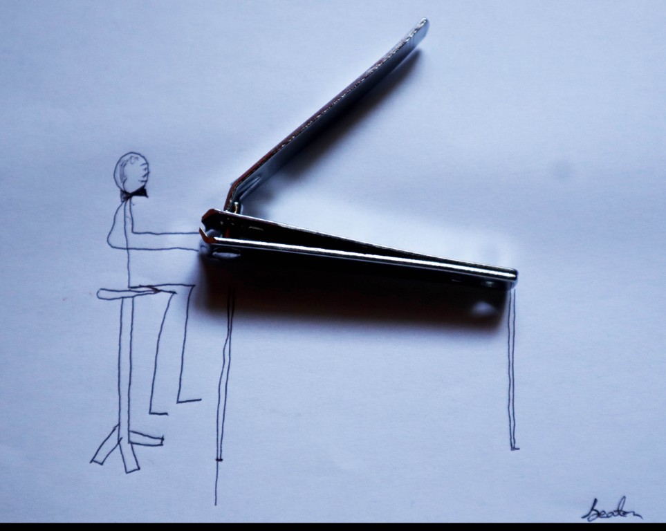 a sketch mixed media art of a stick figure playing a nail clipper as a grand piano 