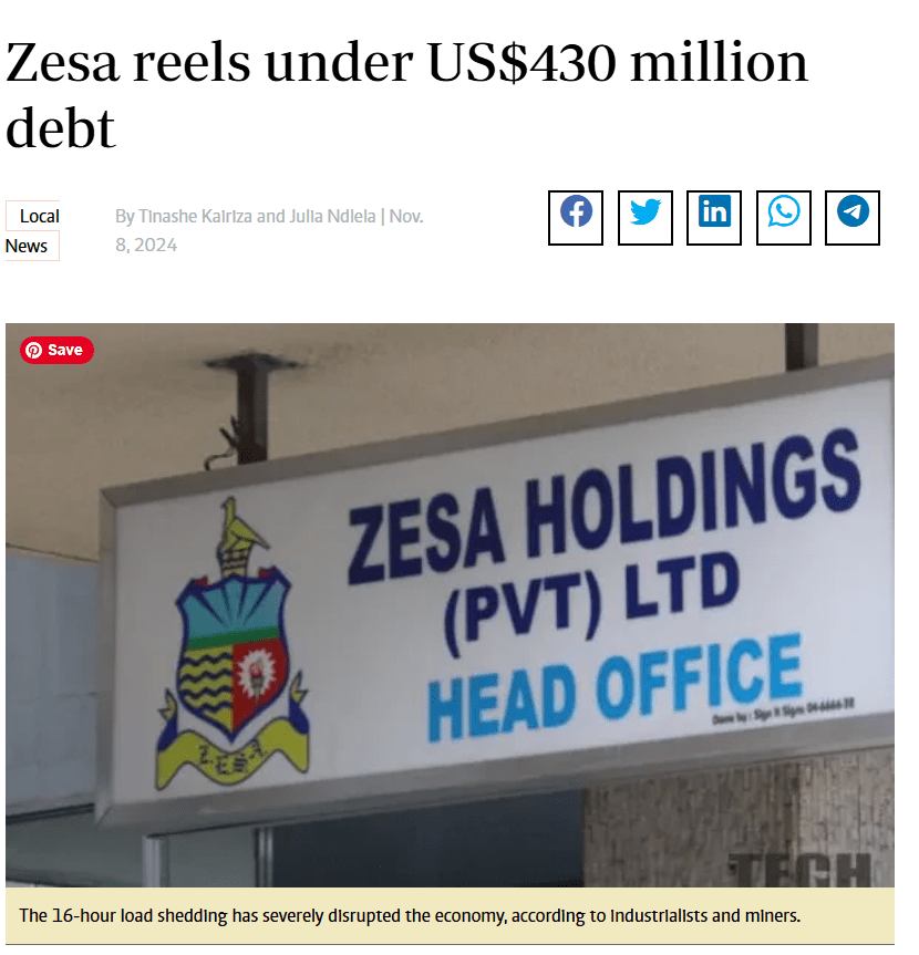 Zesa reels under US$430 million
debt