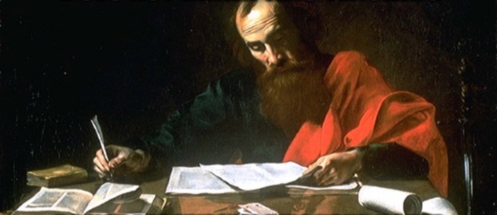 The image depicts Saint Paul, a prominent figure in early Christianity, engaged in writing Pauline Epistles