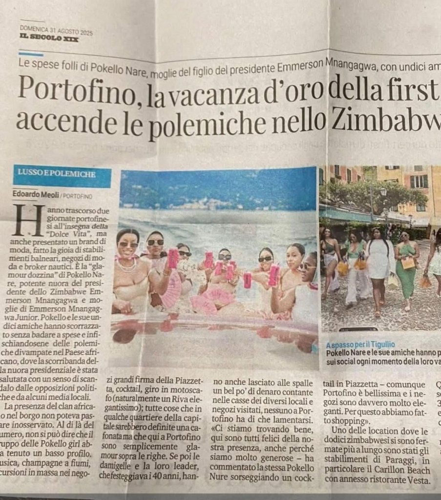 Zimbabwean socialite in Newsclip from Il Secolo XIX over Italy visit