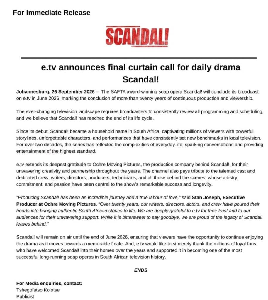 etv announces final curtain call for daily drama Scandal!
