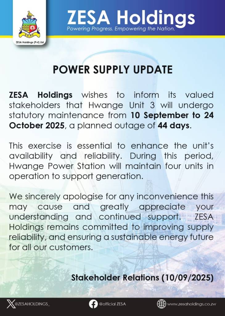 Zimbabwe power supply update ZESA Holdings September- October 