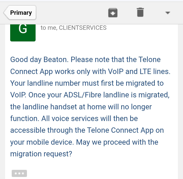 Telone Connect only works wirg VOIP and LTE lines
