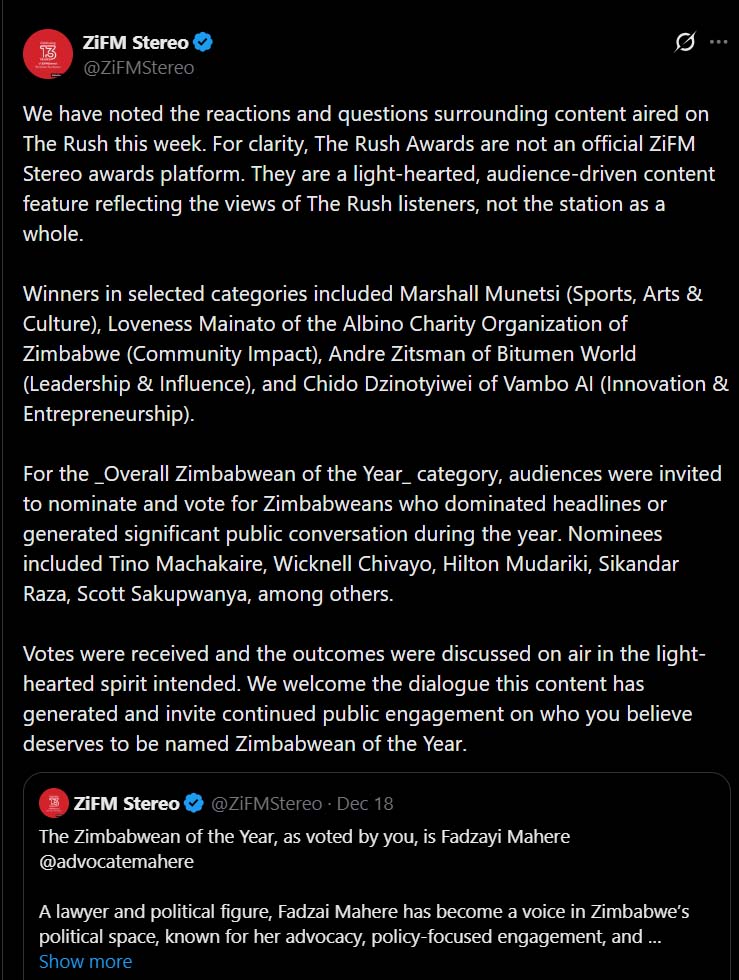 ZIFM statement on Zimbabwean of the year awards