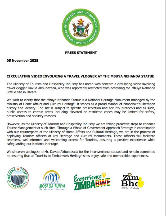 Ministy of tourism Zimbabwe press statement on Travel vlogger Davud Akhundzada at Mbuya Nehanda statue