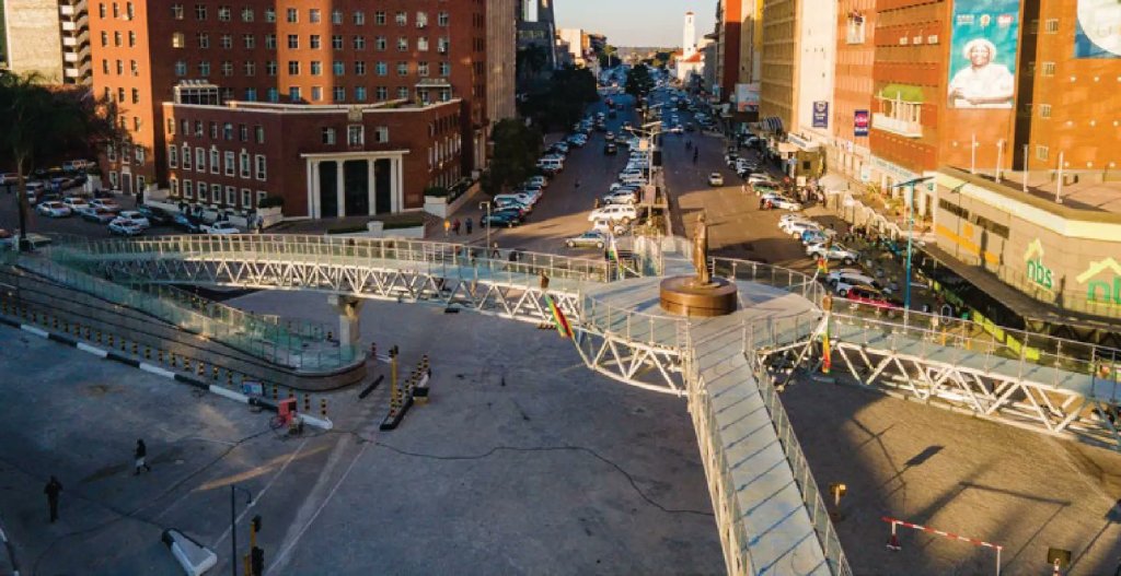 aerial view of Mbuya Nehanda statue on overpass bridge